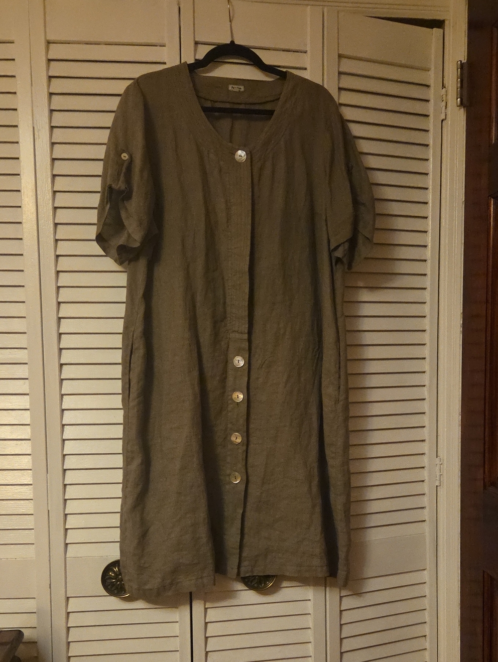 Button-Front Olive Green Midi Dress XL ( US 16/18 ) 100% Linen